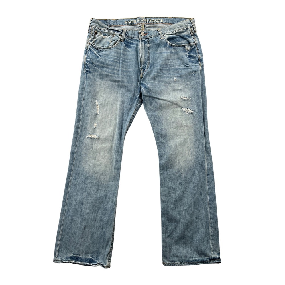 American Eagle Low Rise Boot Jeans Men 38x32 Blue Distressed Denim Y2K Grunge